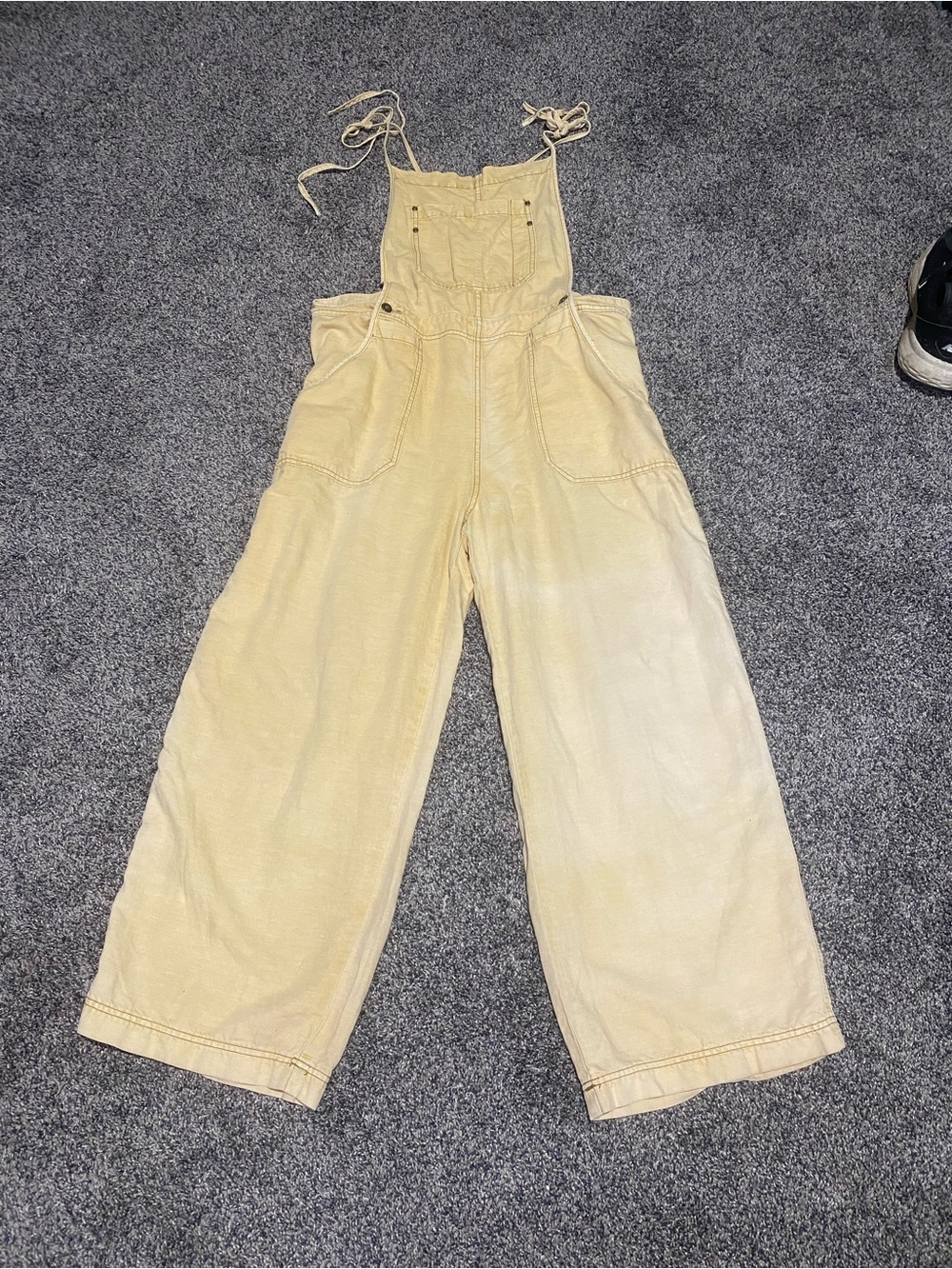 Free People Pale Yellow Wide-Leg Tie-Strap Overalls